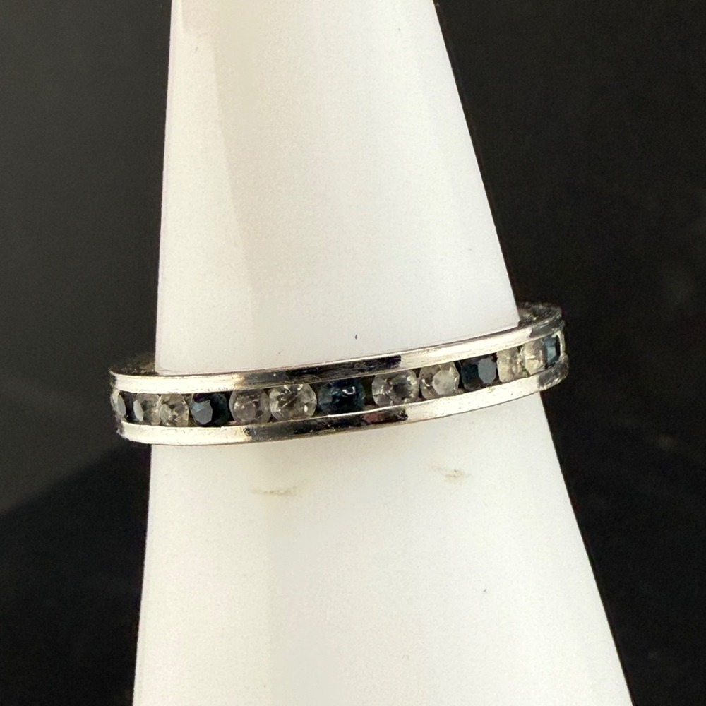 Sterling Silver Band Ring Rhinestone White Clear Blue Signed PAD Size 8.5